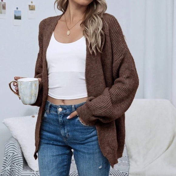 Soft knit drop shoulder oversized cardigan sweater brown - Picture 1 of 12